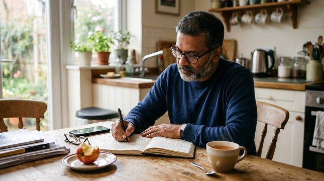 Authentic Candid Man at Kitchen Table Writing 