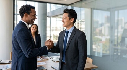 Fototapeta premium Successful business handshake between african american and asian male professionals in modern office partnership closing deal concept