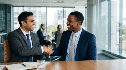 Fototapeta premium Professional handshake between indian and black business executives sitting at conference table in office commercial partnership concept