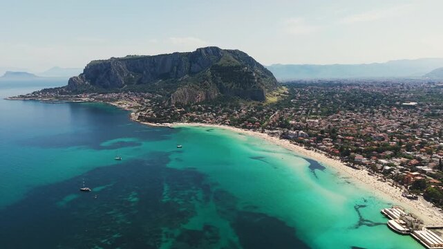 Aerial view of Mondello Beach with Monte Pellegrino in the background near Palermo, Sicily, Italy