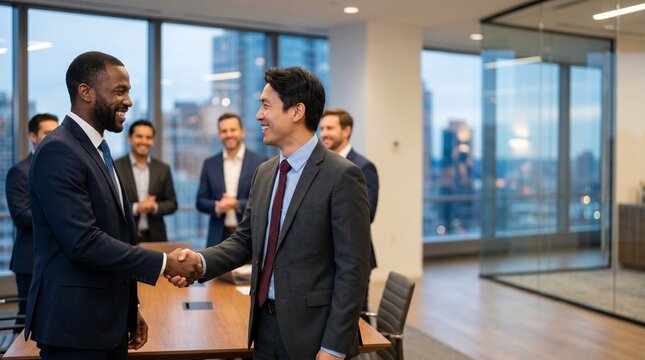 Smiling African American and Asian businessmen shaking hands in boardroom, international corporate partnership handshake agreement, successful business deal celebration