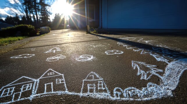 Child's chalk drawing on a sunlit sidewalk: houses, trees, and clouds in white chalk on dark asphalt with a blue backdrop