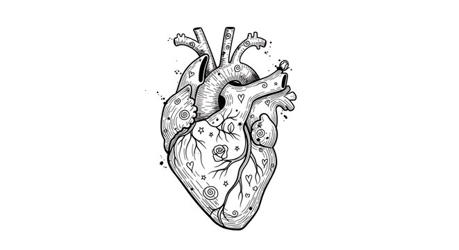 Detailed anatomical heart with microscopic symbols isolated on a transparent background, heart structure