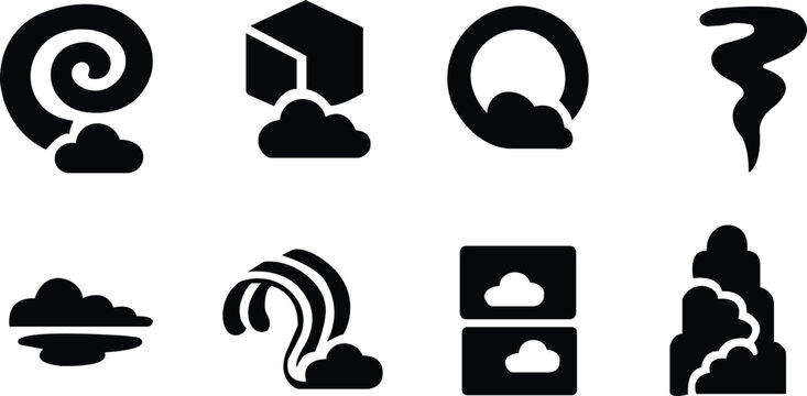 A set of Impossible Sky Icons. Impossible sky formations. Filled icon set of impossible sky formations: spiraled cloud, isolated on transparent background.