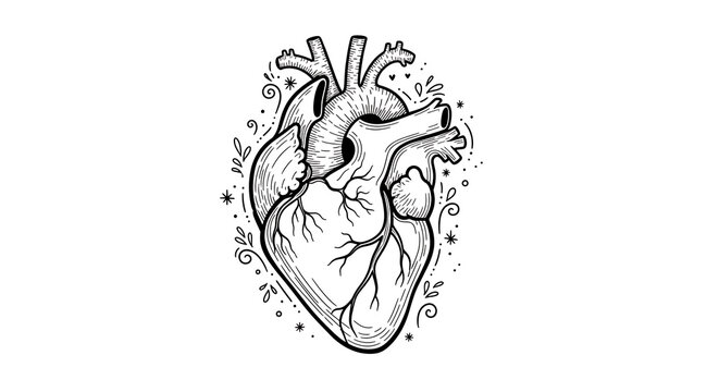 Detailed anatomical heart with veins and arteries isolated on a transparent background, detailed vein patterns