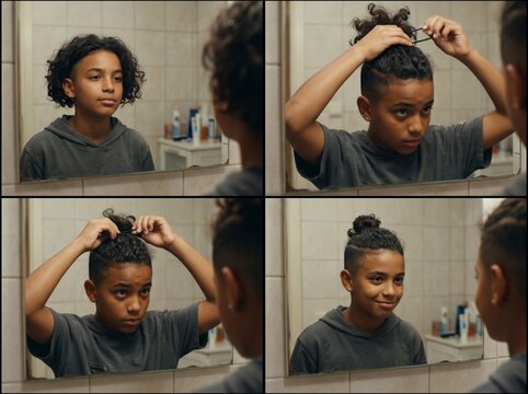 A 12 years old north african boy gathers his hair into a manbun.