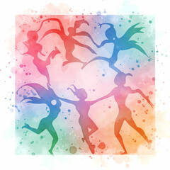 Fototapeta premium Fairies dancing together in watercolor circle, magic fantasy and joy concept