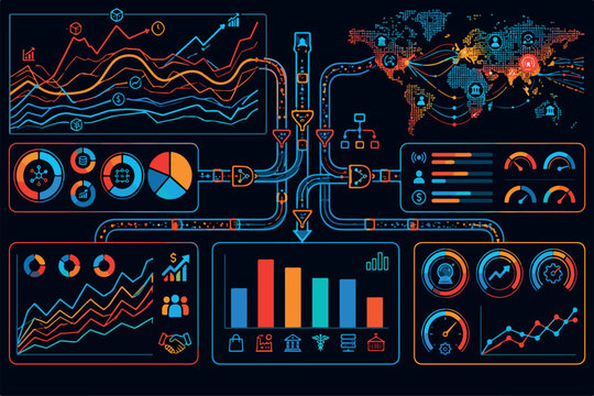 Real-Time Enterprise Data Monitoring System with AI Analytics and Interactive Business Intelligence Reports. Infographic with graph and chart on abstract background