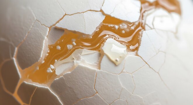 Close-up of a cracked chicken egg with yolk spilling out, macro photography