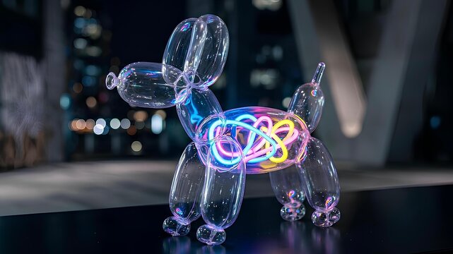 Transparent balloon dog sculpture with glowing colorful neon light tubes inside on a dark night city background, creative modern art installation, 3D render style professional stock photography