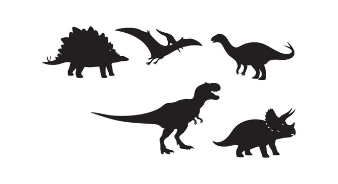 Prehistoric dinosaur silhouettes collection featuring tyrannosaurus stegosaurus triceratops pterodactyl and diplodocus.