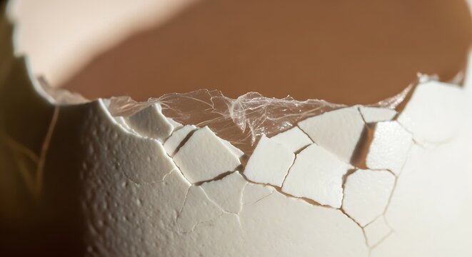 Close-up of a cracked white eggshell with delicate fragments and soft lighting