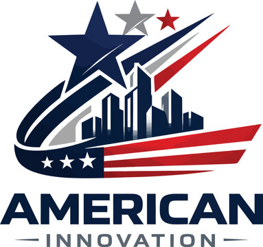 American innovation logo with city skyline and patriotic star accents