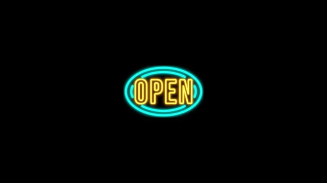 Simple motion graphics animation of neon sign in circles frames. Yellow sign open