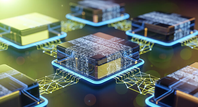High tech computer processor chips interconnected on circuit board with processor technology computer hardware electronics innovation semiconductor engineering microchip connectivity