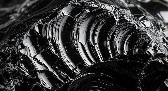 Close-up macro shot of a textured black obsidian rock with sharp edges and reflective surfaces, abstract natural background