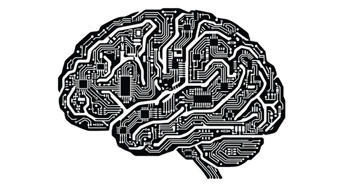Circuit board brain silhouette black and white digital illustration