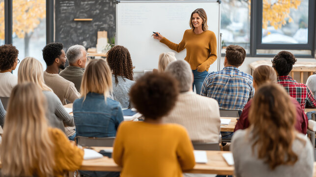 Diverse group of adult students seated in a bright community hall classroom while a smiling teacher points to a whiteboard during an engaging language learning class