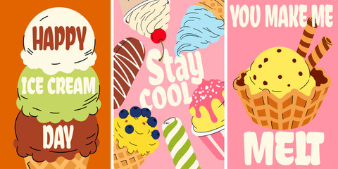 Fototapeta premium Set of vertical ice cream banners with typography quotes vector illustration. Hand drawn ice cream posters