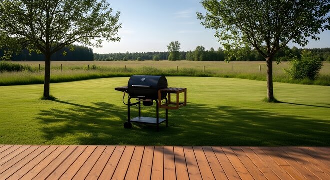 Outdoor kitchen scene featuring black charcoal grill on lush green lawn with wooden deck
