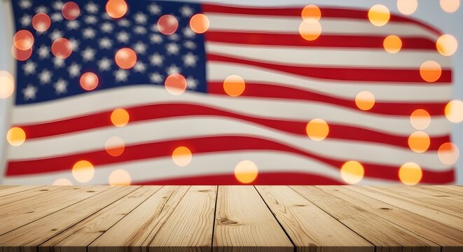 American flag backdrop with bokeh lights and wooden tabletop for patriotic displays
