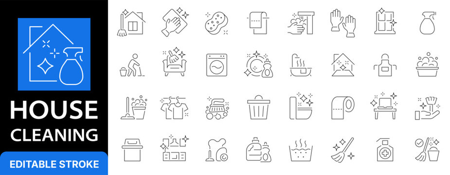 House cleaning and maid service line icon set. Home laundry, janitor professional equipment, washing and housekeeping outline symbols. Editable stroke.