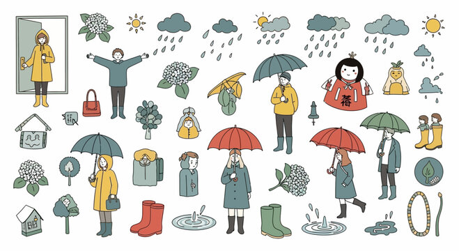 Hand drawn doodle collection of people and items for rainy weather.