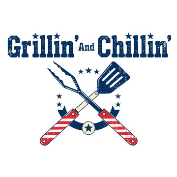 Grillin and chillin with barbecue tools and usa flag stars for summer patriotic celebration.
