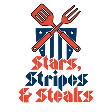 Stars stripes and steaks bbq graphic design with patriotic colors and grilling tools for american barbecue celebration.