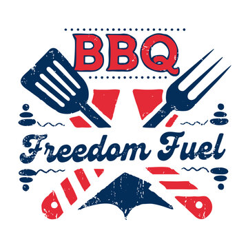 Bbq freedom fuel graphic with american flag elements, grilling tools, and celebratory design for national holidays.