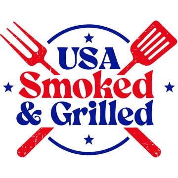 Usa smoked and grilled logo with bbq tools, stars, and stripes for patriotic american food and celebration graphics.