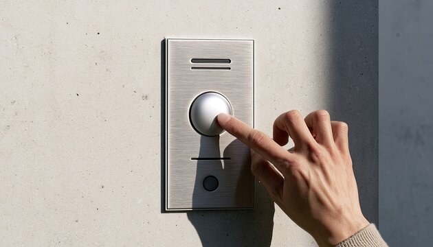 Finger presses metallic doorbell button on textured concrete wall