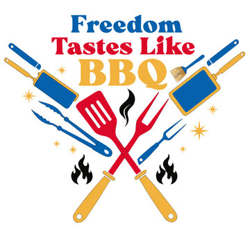 Independence day celebration graphic featuring red white and blue barbecue grill tools with smoky fire elements for festive summer party.