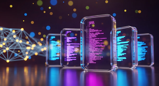 Digital data blocks with glowing code and network connections programming software technology development computing internet communication information electronic processing automation
