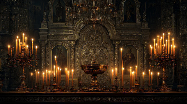 Ornate brass candelabra filled with burning candles before a gilded golden iconostasis inside an Orthodox church with warm pooled light glowing against deep shadows and painted icons