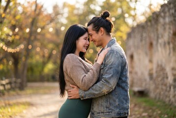 Fototapeta premium Romantic Couple Embracing Outdoors in Autumn Nature Setting