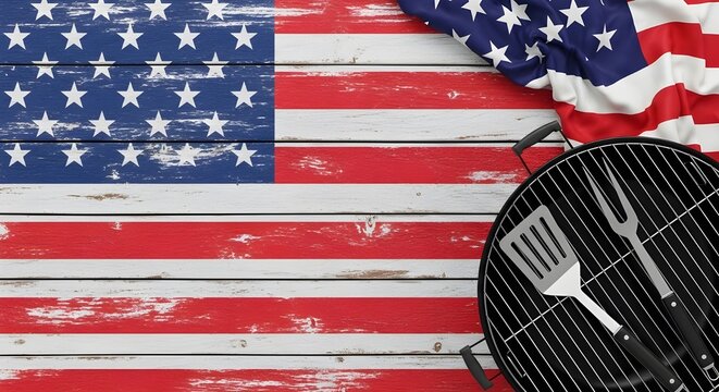 American flag background with bbq grill and utensils for 4th of july celebrations