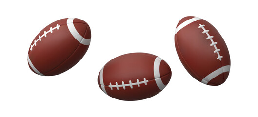Naklejka premium American football ball realistic 3D mockup different angles vector icons set, college football team game sport equipment