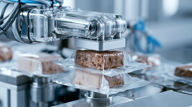 Selective focus on a transparent robot arm examining vacuumsealed plant protein packs under highkey lighting capturing the sterile sustainable manufacturing environment