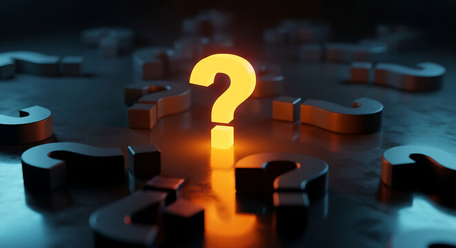 Glowing yellow question mark illuminated on dark textured background with question lighting solution information reflection abstract background strategy