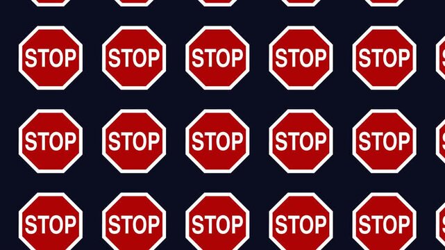 Classic red octagonal stop sign pattern repeating on dark navy . Bold traffic signage creates clear warning and prohibition visual. For safety, alerts, restrictions, boundaries.
