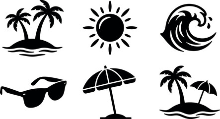 Tropical summer beach vacation icons set featuring palm trees sun ocean waves sunglasses and umbrella elements for holiday designs vector illustration © Kanon Islam