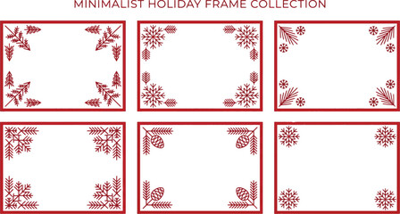Obraz premium Minimalist holiday frame collection with red nordic folk art borders christmas ornaments snowflake and winter pine tree elements vector illustration