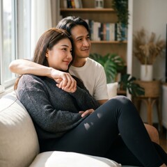 Obraz premium Loving Couple Relaxing on Sofa Near Window in Bright Modern Living Room