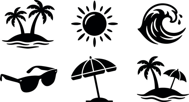 Tropical summer beach vacation icons set featuring palm trees sun ocean waves sunglasses and umbrella elements for holiday designs vector illustration