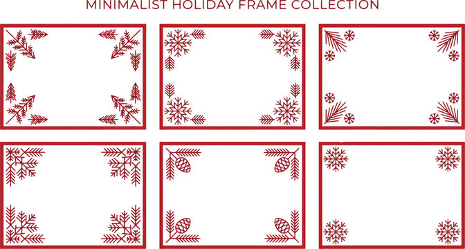Minimalist holiday frame collection with red nordic folk art borders christmas ornaments snowflake and winter pine tree elements vector illustration
