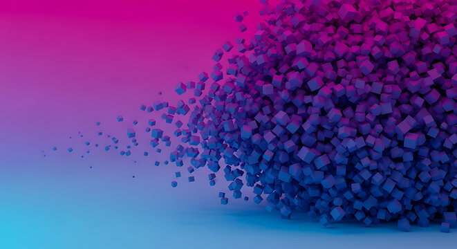 Abstract cluster of 3D purple cubes dispersing into particles against a gradient background with abstract particles dispersion gradient geometry background creative visualization fragmentation