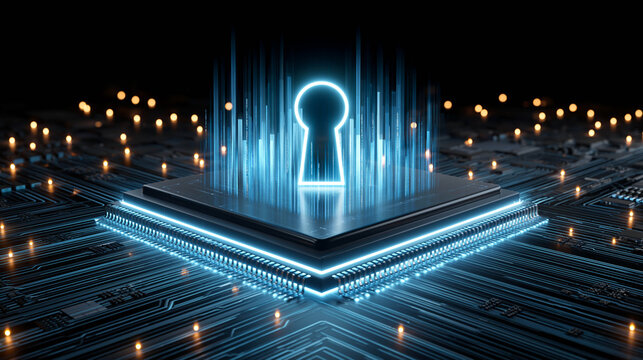A glowing neon silhouette of a keyhole above a microchip, with a stream of digital binary codes in the background, representing the concept of cybersecurity, data protection, and encryption.