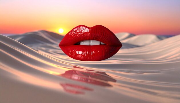 Vibrant red lips emerge from sand dunes at sunset