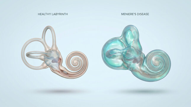 Healthy Inner Ear Labyrinth vs Meniere's Disease Endolymphatic Hydrops Medical Illustration